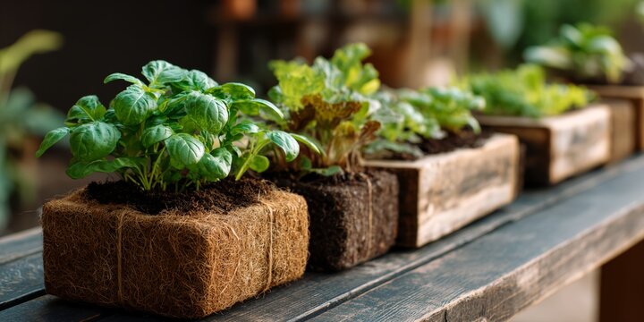 Row of potted plants with different types of plants - Powered by Adobe