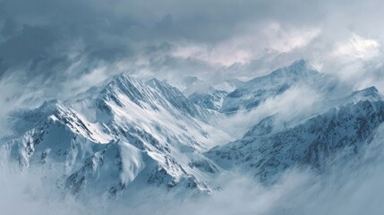 Majestic Snow-Covered Mountain Range Under Dramatic Clouds with Soft Lighting and Misty Atmosphere, Perfect for Nature and Landscape Themes