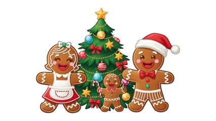 Sweet Gingerbread Family: A heartwarming depiction of a gingerbread family stands joyfully before a decorated Christmas tree, evoking festive spirit.