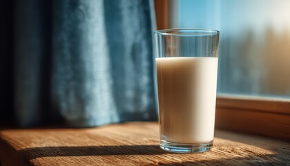Clear Glass of Milk on Wooden Surface Near Window with Blue Curtain in Morning Light