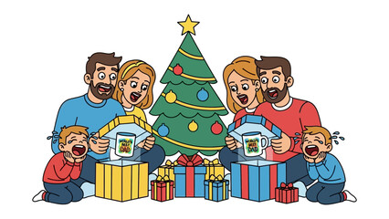 Christmas Morning Delight: A joyful family shares the wonder of Christmas morning, gathered around a decorated tree, opening gifts and experiencing the magic of the holiday season. 