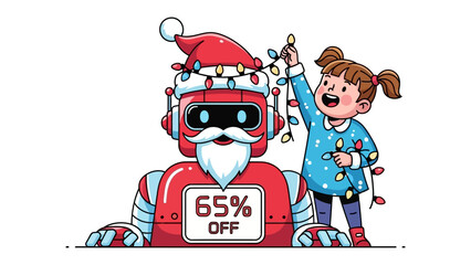Festive Assemblage: A cheerful young girl decorates a robot with holiday lights. They are both dressed for the season. A banner with the offer of 65% OFF is also included in this illustration.