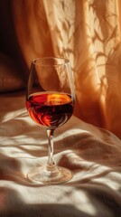 Glass of Red Wine on Cream Fabric with Warm Sunlit Background
