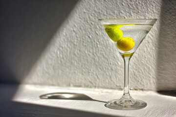 Clear Martini Glass with Green and Yellow Olives on White Surface in Bright Light