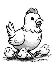 Fototapeta premium Cute Hen With Chicks Hand Drawn Style
