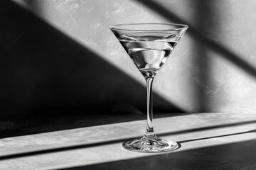 Elegant Martini Glass Filled with Clear Liquid on White Surface with Dramatic Shadow