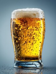 Cold Glass of Carbonated Beer with Frothy Head and Bubbles on Gray Background