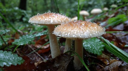 Freshly Sprouted Mushrooms Surrounded by Green Foliage and Dewdrops in a Lush Forest Setting with Natural Light