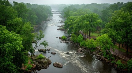 Lush green forest lines a winding river with a distant bridge