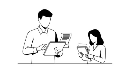 Two people are working with documents