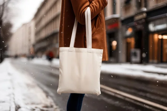 Christmas shopping bag with holiday print in outdoor snow scene