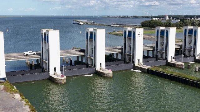 Lelystad, Flevoland, the Netherlands -1st of October 2025:  The Houtrib Locks and the N307 in Lelystad from the air