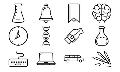 Education and science outline icon set with brain, DNA, laboratory flask, laptop, stopwatch, school bus, quill pen, and bell symbol isolated on white background