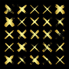 Golden grunge crosses, brush strokes, lines, ink smudges, hand-drawn scribble shapes. Handmade sketchy marks, acrylic stains, charcoal streaks. Paint textures, dry brush effect. Vector illustration