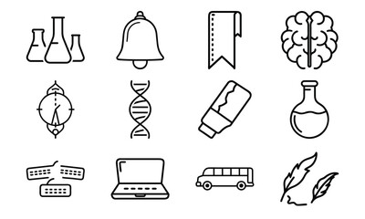 Education and science outline icon set with brain, DNA, laboratory flask, laptop, stopwatch, school bus, quill pen, and bell symbol isolated on white background