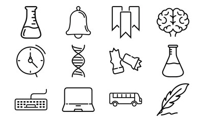 Education and science outline icon set with brain, DNA, laboratory flask, laptop, stopwatch, school bus, quill pen, and bell symbol isolated on white background