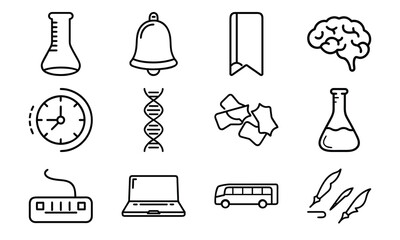 Education and science outline icon set with brain, DNA, laboratory flask, laptop, stopwatch, school bus, quill pen, and bell symbol isolated on white background