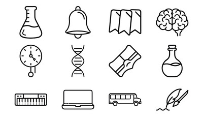 Education and science outline icon set with brain, DNA, laboratory flask, laptop, stopwatch, school bus, quill pen, and bell symbol isolated on white background