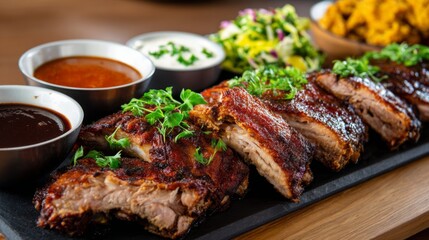 Savory Grilled Pork Ribs with Fresh Herbs and Assorted Dipping Sauces on a Wooden Serving Board