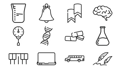 Education and science outline icon set with brain, DNA, laboratory flask, laptop, stopwatch, school bus, quill pen, and bell symbol isolated on white background