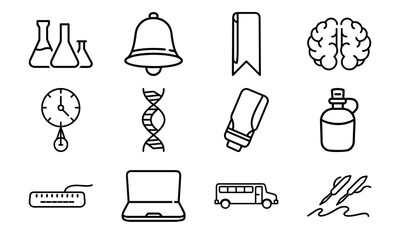 Education and science outline icon set with brain, DNA, laboratory flask, laptop, stopwatch, school bus, quill pen, and bell symbol isolated on white background