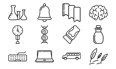 Education and science outline icon set with brain, DNA, laboratory flask, laptop, stopwatch, school bus, quill pen, and bell symbol isolated on white background