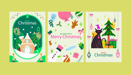 Set of Christmas greeting cards and party invitations in handmade vintage style, featuring mistletoe, gifts, Christmas tree, candles, bows and champagne, in pink, red and green colors, c