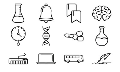 Education and science outline icon set with brain, DNA, laboratory flask, laptop, stopwatch, school bus, quill pen, and bell symbol isolated on white background
