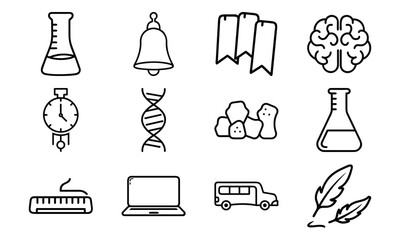 Education and science outline icon set with brain, DNA, laboratory flask, laptop, stopwatch, school bus, quill pen, and bell symbol isolated on white background