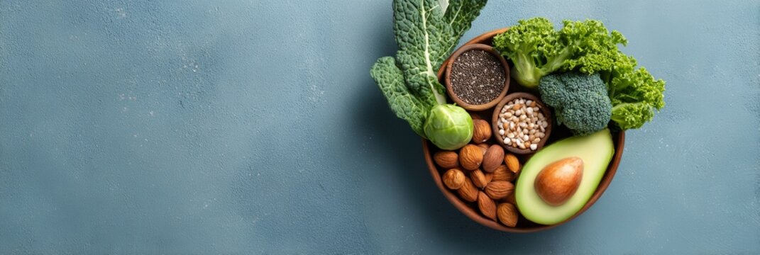 Bowl of nuts and vegetables including avocado, broccoli, and kale