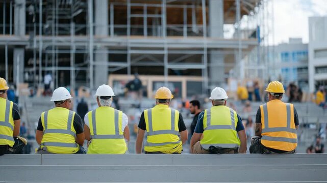 Workers sitting in a row on site stairs, chatting and resting, safety vests and helmets on, unfinished building in soft focus, empty area for text