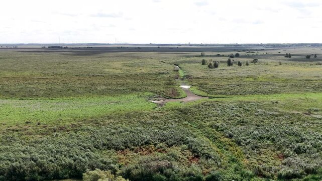 View-over aerial of the Dutch nature park Oostvaardersplassen next to the Markermeer and Dutch Dikes, the Netherlands