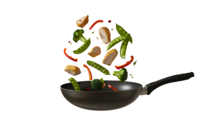 Sizzling chicken and vibrant vegetables tossed into a hot wok for a dynamic stir fry cooking experience