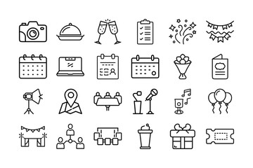 Event Planning Icon Set. Calendar, Party, Celebration, Photography, Decorations, and More. Editable Stroke. Vector Illustration.