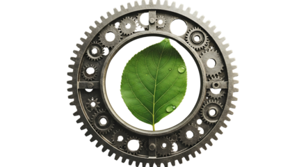 Intricate metallic cogwheel frame encasing a vibrant green leaf symbolizing the harmonious integration of nature and industry