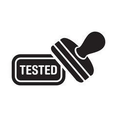 Black and white graphic of a rubber stamp with the word tested