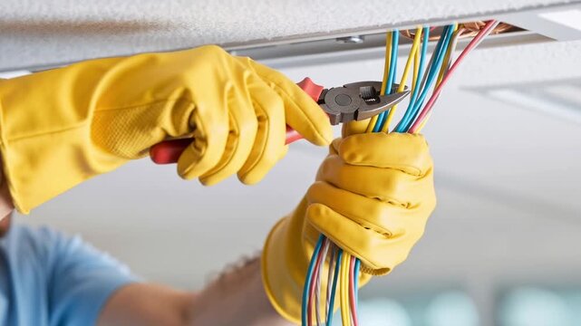 close-up of electrician cutting colorful electrical wires with pliers while wearing yellow protective gloves
