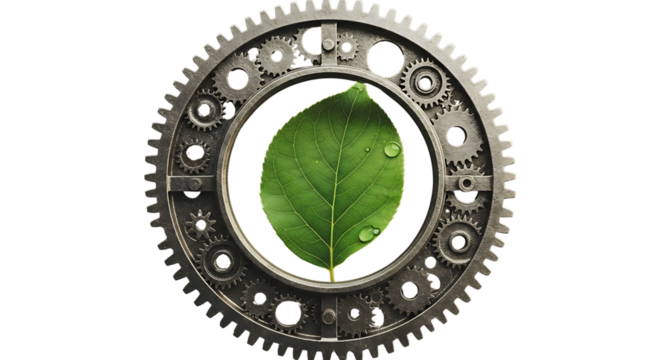 Intricate metallic cogwheel frame encasing a vibrant green leaf symbolizing the harmonious integration of nature and industry