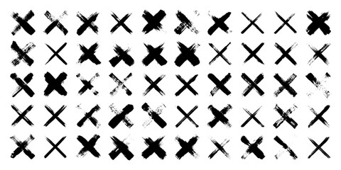 Grunge crosses, brush strokes, x mark, lines, ink smudges, hand-drawn scribble shapes. Handmade sketchy marks, acrylic stains, charcoal streaks. Paint textures, dry brush effect. Vector illustration
