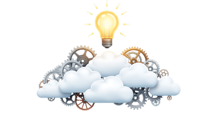 Illuminated light bulb symbolizing a brilliant idea emerging from a cloud shaped structure with intricate gears and cogwheels against a dark background