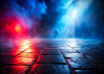 Atmospheric stage with red and blue spotlights illuminating smoky floor with cobblestone texture