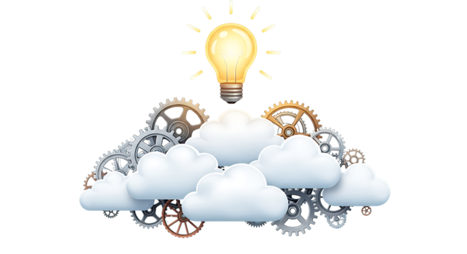 Illuminated light bulb symbolizing a brilliant idea emerging from a cloud shaped structure with intricate gears and cogwheels against a dark background