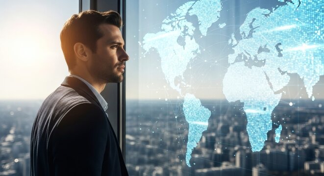 Visionary Entrepreneur Contemplating Global Expansion Strategy In A Modern Office