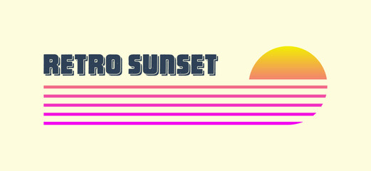 Vintage colorful sunset. Various gradient striped sunrise badges in 80s and 90s style. Sun and ocean view, summer vibes, surfing. Design element for print, logo or t-shirt. Vector illustration