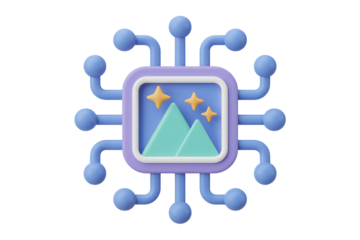 Modern 3D illustration of digital landscape with mountains and stars, representing data processing and technology innovation, perfect for tech visuals.