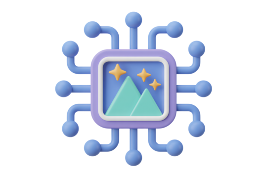 Modern 3D illustration of digital landscape with mountains and stars, representing data processing and technology innovation, perfect for tech visuals.