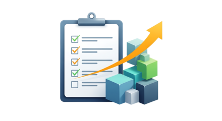 Clipboard with checklist and rising arrow graph made of colorful blocks symbolizing business growth and successful task completion