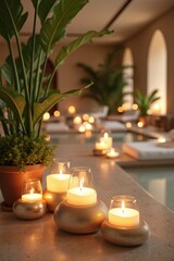 Relaxing candles glow warmly in this inviting spa for a calming atmosphere, perfect for wellness retreats and serene lifestyle content