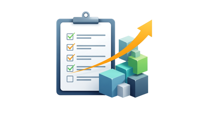 Clipboard with checklist and rising arrow graph made of colorful blocks symbolizing business growth and successful task completion - Powered by Adobe