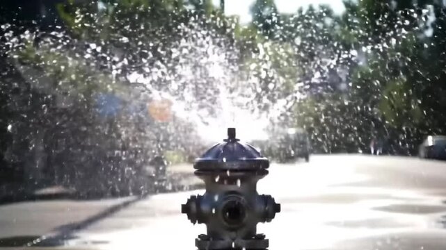 Fire hydrant spraying water on sunny street with greenery background  